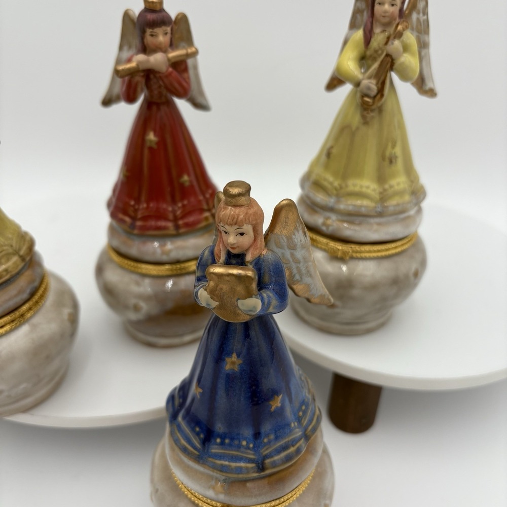 Set Of 4 Angel Trinket Box‎ with Instrument and Stars Hinged 6" Tall Vintage - Picture 2 of 15